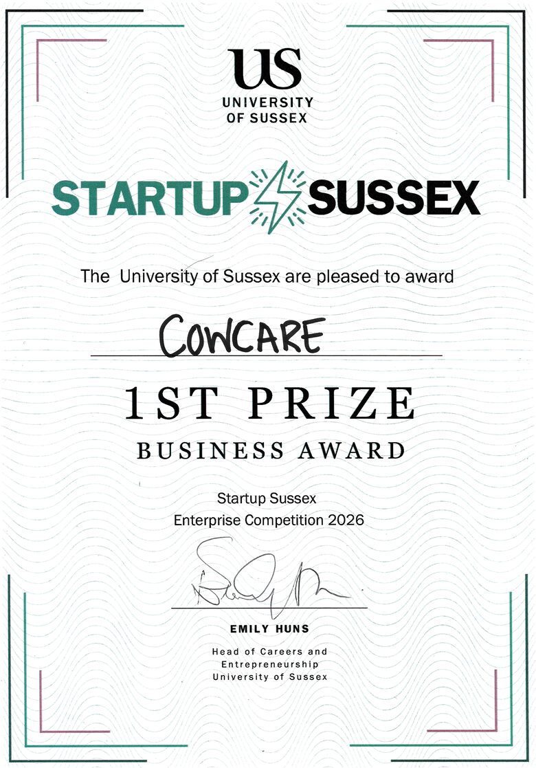 Urkunde: 1. Preis Business Award der Startup Sussex Enterprise Competition 2026, verliehen an CowCare von der University of Sussex